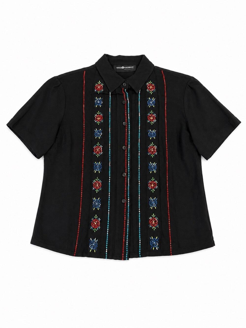Sag Harbor Petites Women’s Medium Black Embroidered Floral Short Sleeve Blouse